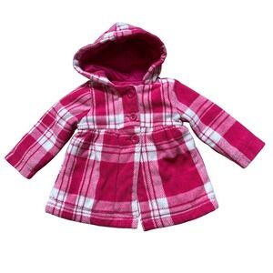 Old Navy Fleece Hooded Coat Baby Girls Pink Plaid Excellent SIZE 18-24 Months